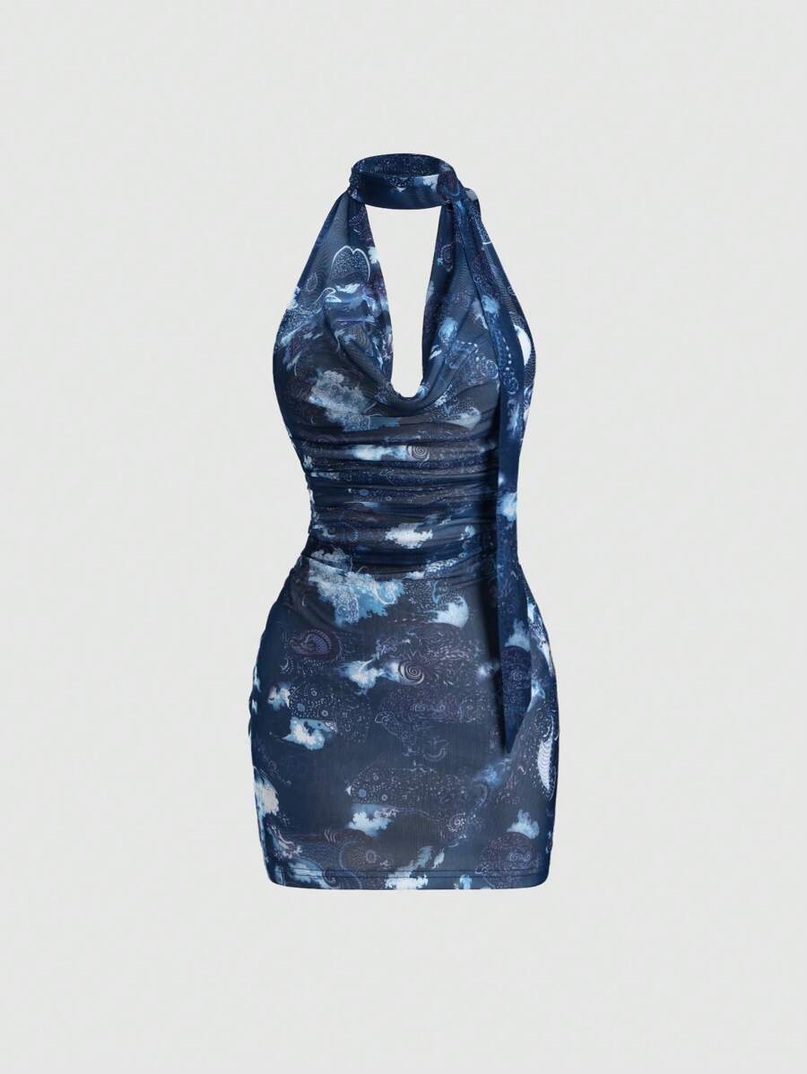 Sweetra – Robe mini rétro à col drapé en tissu léger et coupe fluide