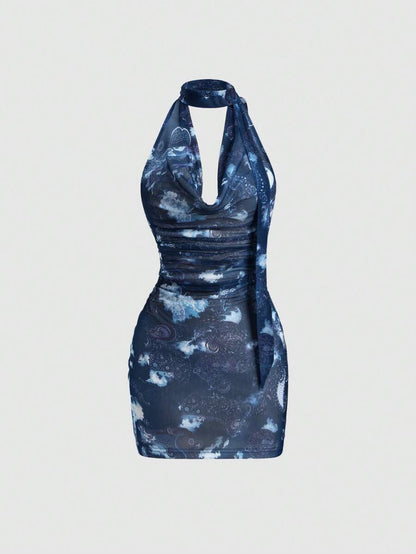 Sweetra – Robe mini rétro à col drapé en tissu léger et coupe fluide