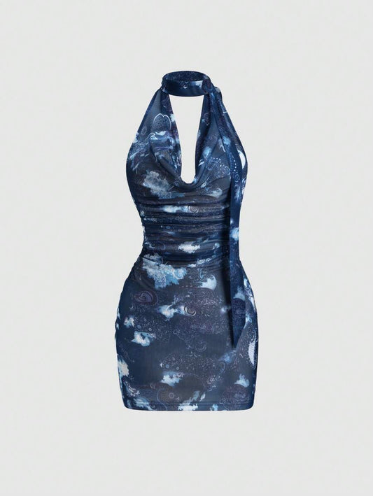 Sweetra – Robe mini rétro à col drapé en tissu léger et coupe fluide