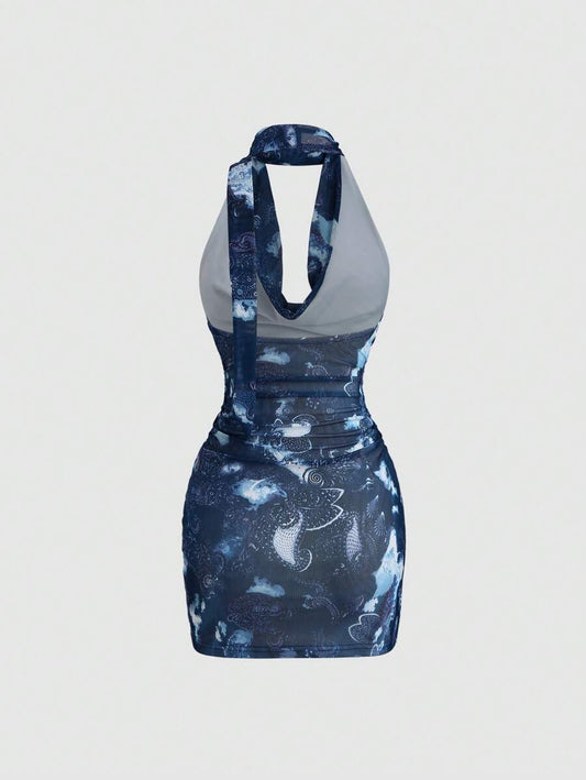 Sweetra – Robe mini rétro à col drapé en tissu léger et coupe fluide