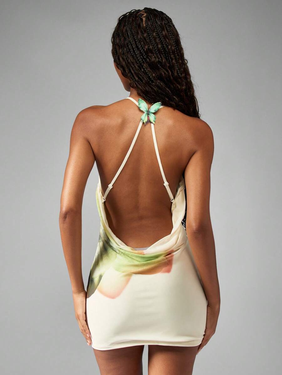 MISSGUIDED – Robe mini à col capuche avec imprimé aquarelle et dos ouvert