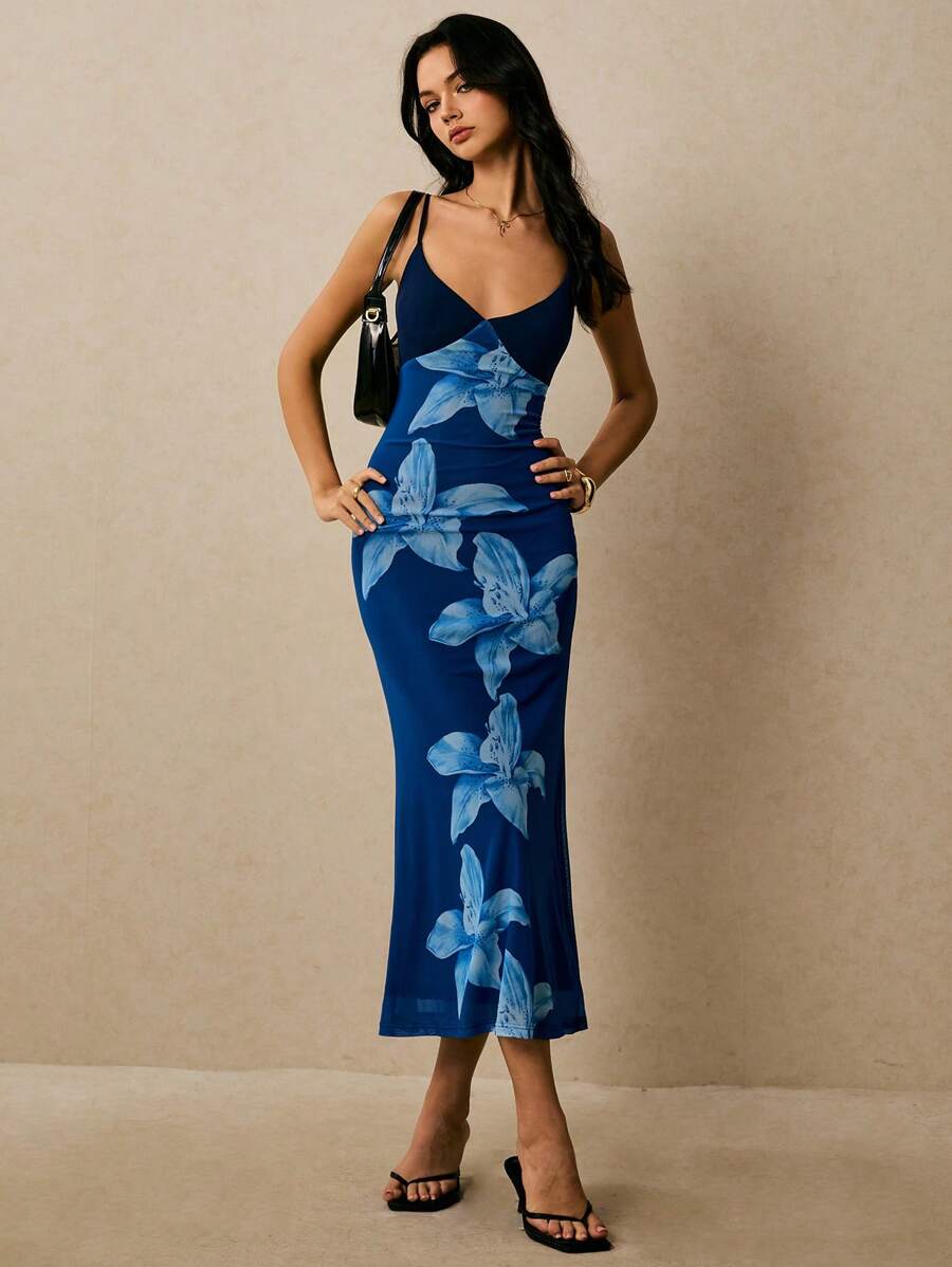 Poéselle – Robe ajustée à imprimé floral en polyester avec décolleté en V