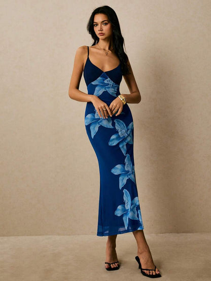 Poéselle – Robe ajustée à imprimé floral en polyester avec décolleté en V