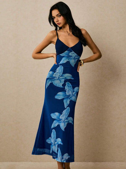 Poéselle – Robe ajustée à imprimé floral en polyester avec décolleté en V