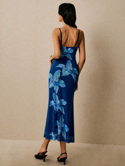 Poéselle – Robe ajustée à imprimé floral en polyester avec décolleté en V