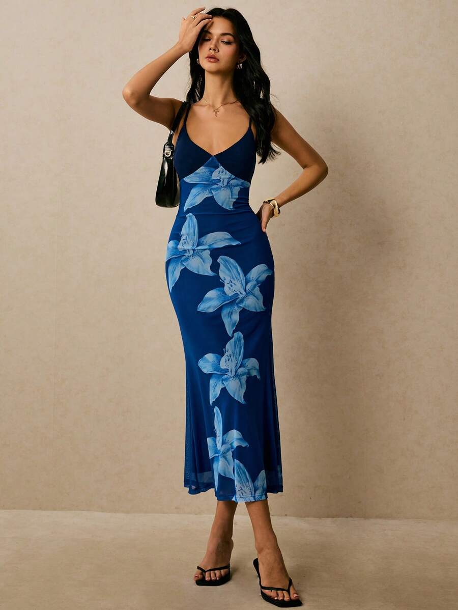 Poéselle – Robe ajustée à imprimé floral en polyester avec décolleté en V