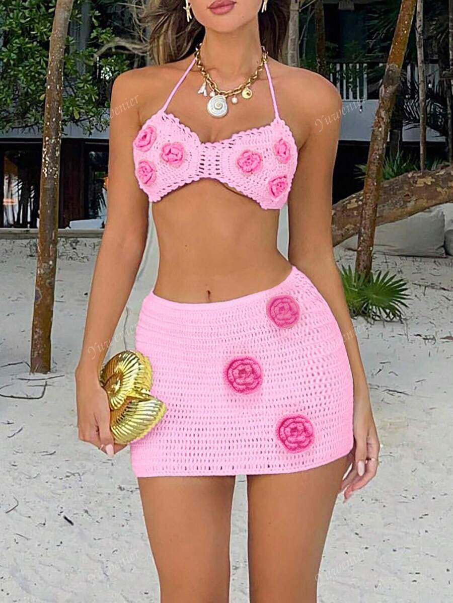 ATYWS - Top de bikini tricoté à col ras-du-cou et jupe mini moulante – Design boho et effet ajouré pour l'été