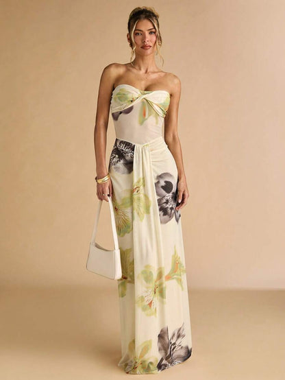 SHEIN BAE – Robe maxi moulante à imprimé floral, épaules dénudées et taille vrillée