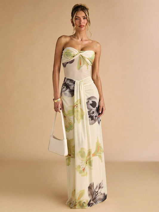 SHEIN BAE – Robe maxi moulante à imprimé floral, épaules dénudées et taille vrillée
