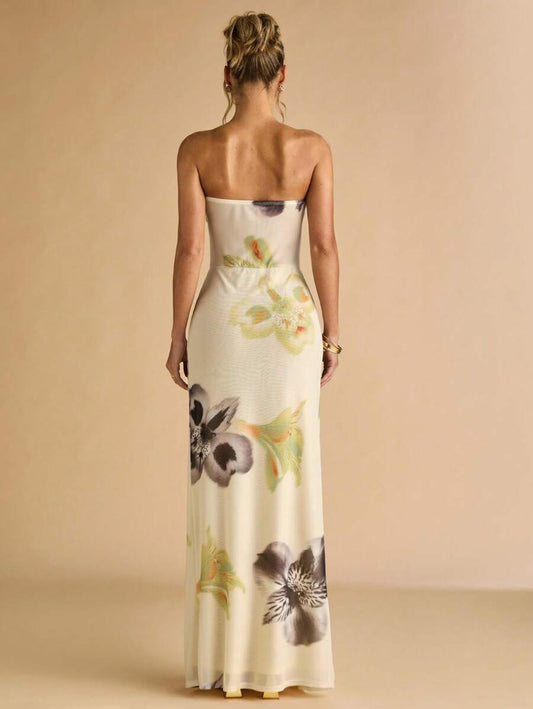 SHEIN BAE – Robe maxi moulante à imprimé floral, épaules dénudées et taille vrillée