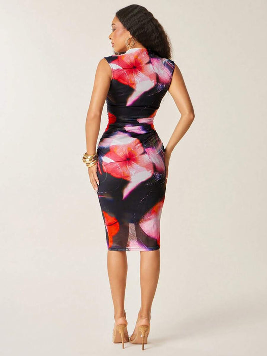 Vixey – Robe à col montant sans manches avec imprimé floral et fronces en maille