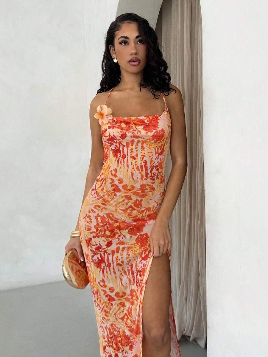 Glamine – Robe longue à bretelles avec dos nu et fente haute