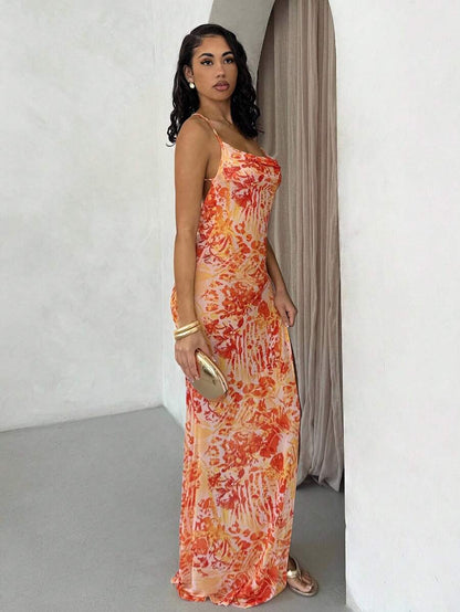 Glamine – Robe longue à bretelles avec dos nu et fente haute