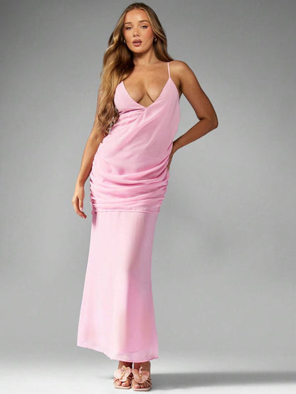 MISSGUIDED – Robe de mariée longue à encolure plongeante et bretelles spaghetti