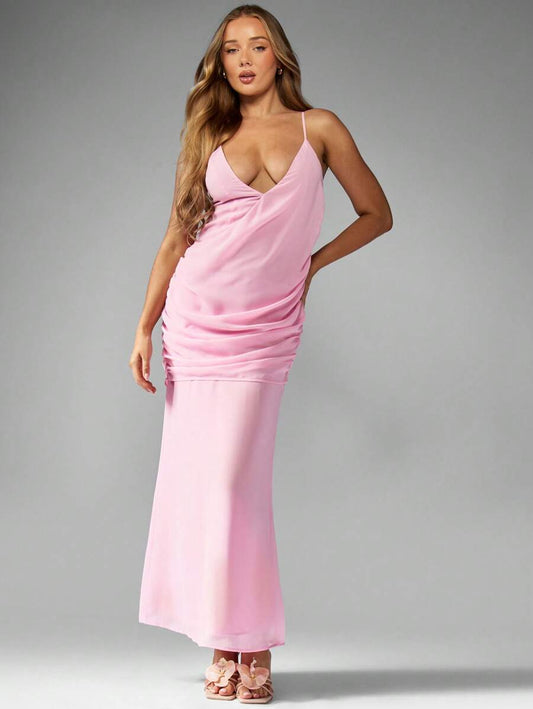 MISSGUIDED – Robe de mariée longue à encolure plongeante et bretelles spaghetti