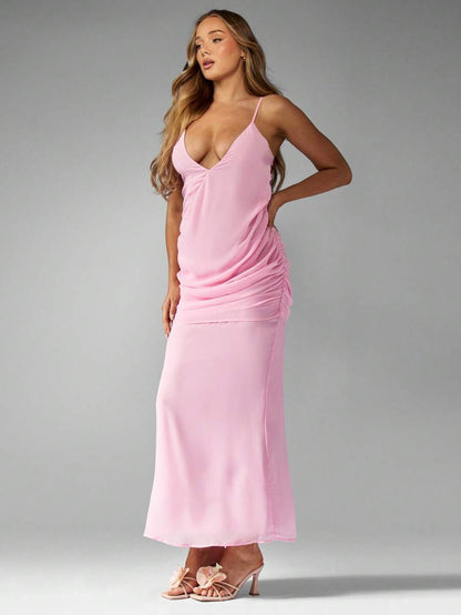 MISSGUIDED – Robe de mariée longue à encolure plongeante et bretelles spaghetti