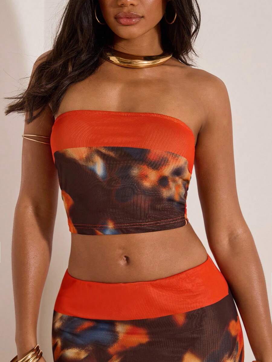 Opulessa – Ensemble bandeau moulant en maille tricotée avec jupe taille basse pour l'été