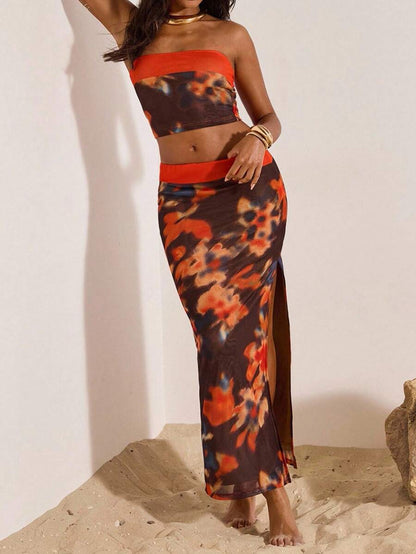 Opulessa – Ensemble bandeau moulant en maille tricotée avec jupe taille basse pour l'été