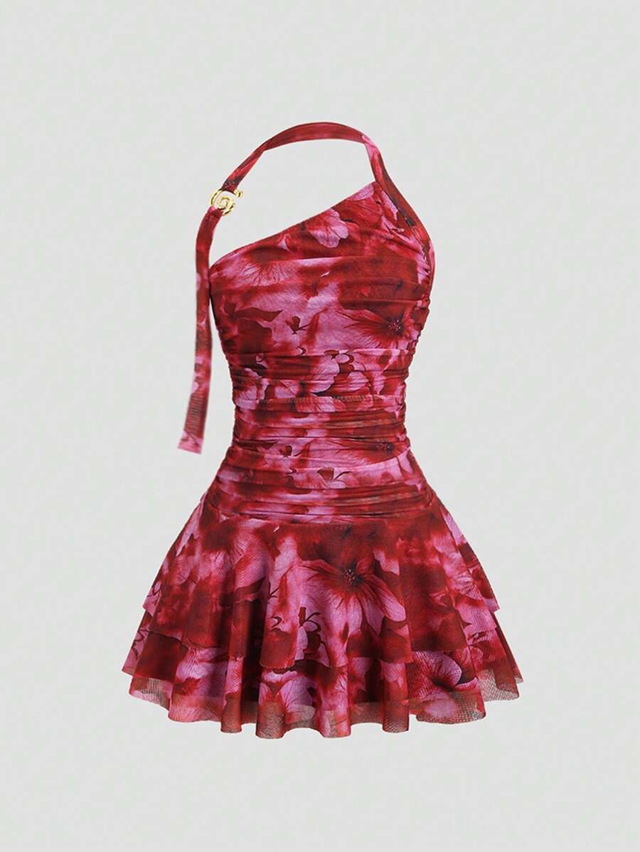 Sweetra – Robe mini évasée avec dos ouvert et décoration métallique à la taille