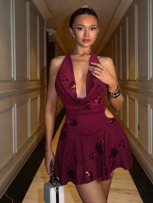 SHEIN BAE – Robe à sequins, col plissé, dos ouvert