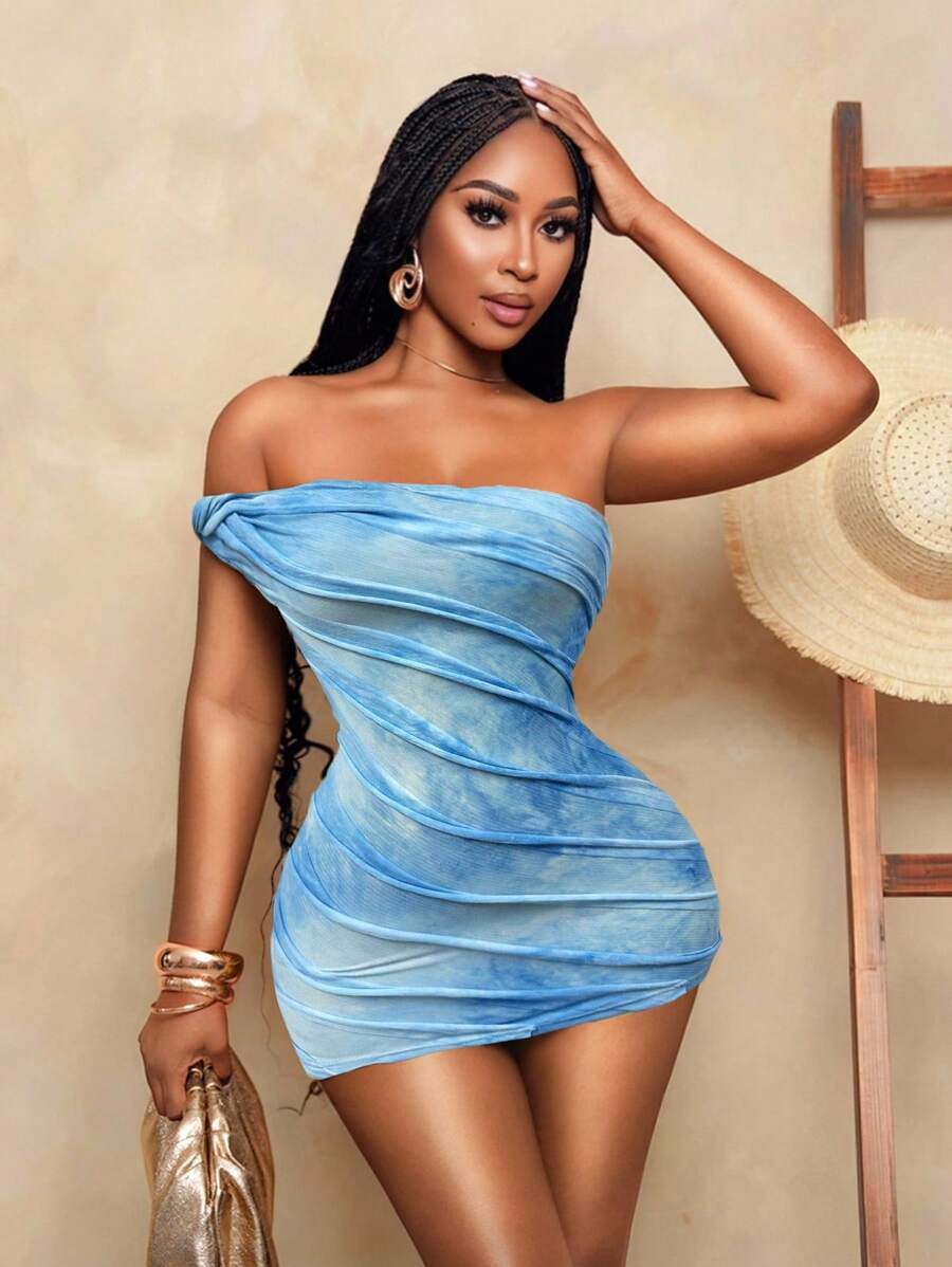 BamGleam – Robe mini à col bardot et motif tie-dye