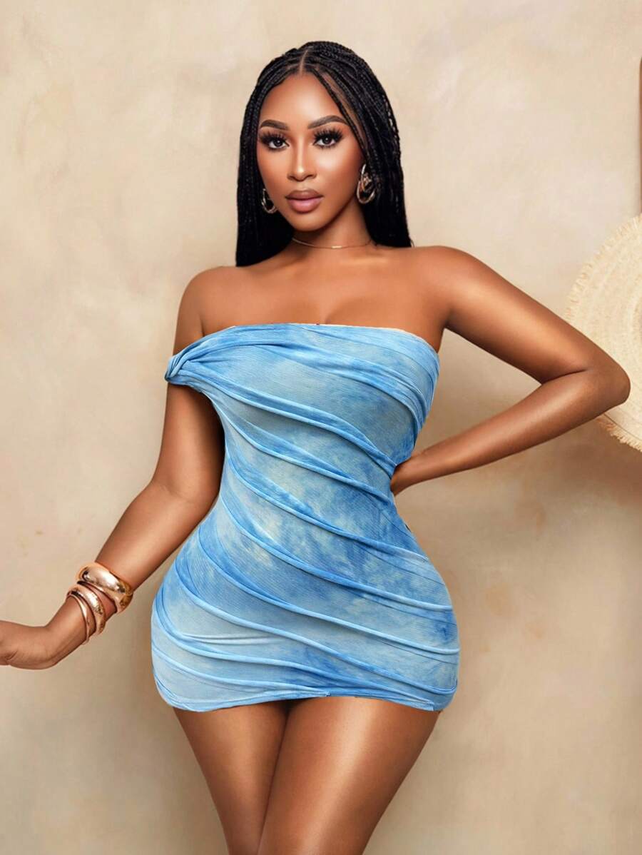 BamGleam – Robe mini à col bardot et motif tie-dye