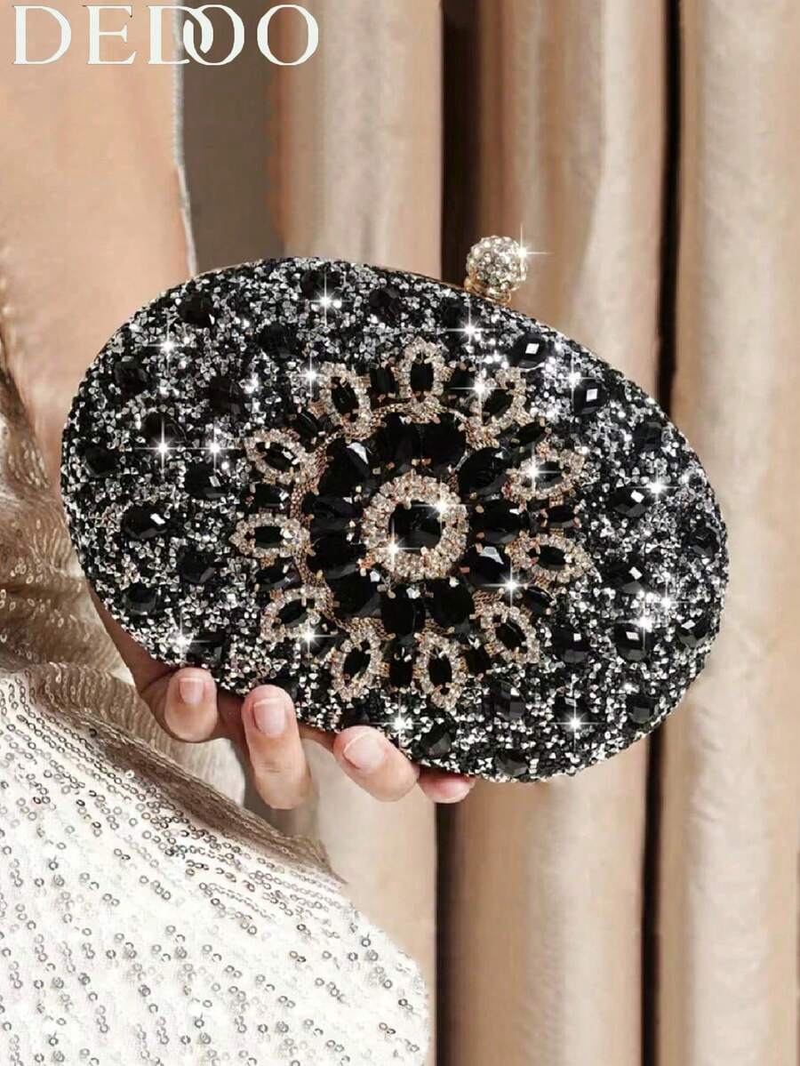 Dedoo – Sac de soirée ovale en strass avec chaîne dorée et design tournesol