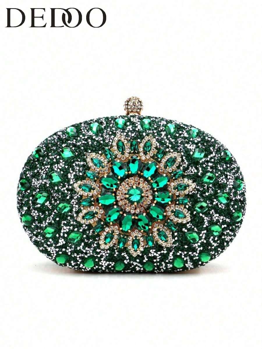 Dedoo – Sac de soirée ovale en strass avec chaîne dorée et design tournesol