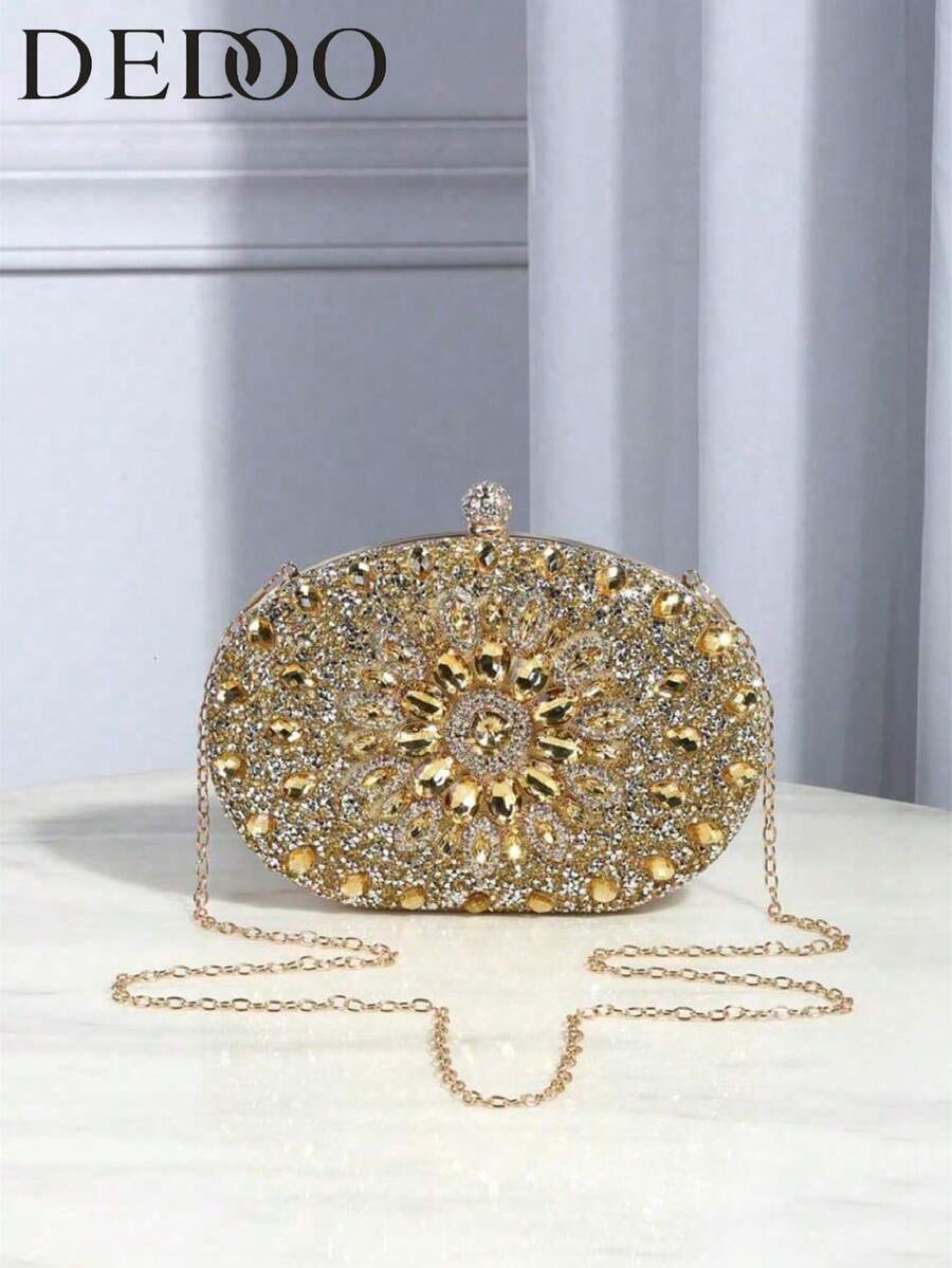 Dedoo – Sac de soirée ovale en strass avec chaîne dorée et design tournesol