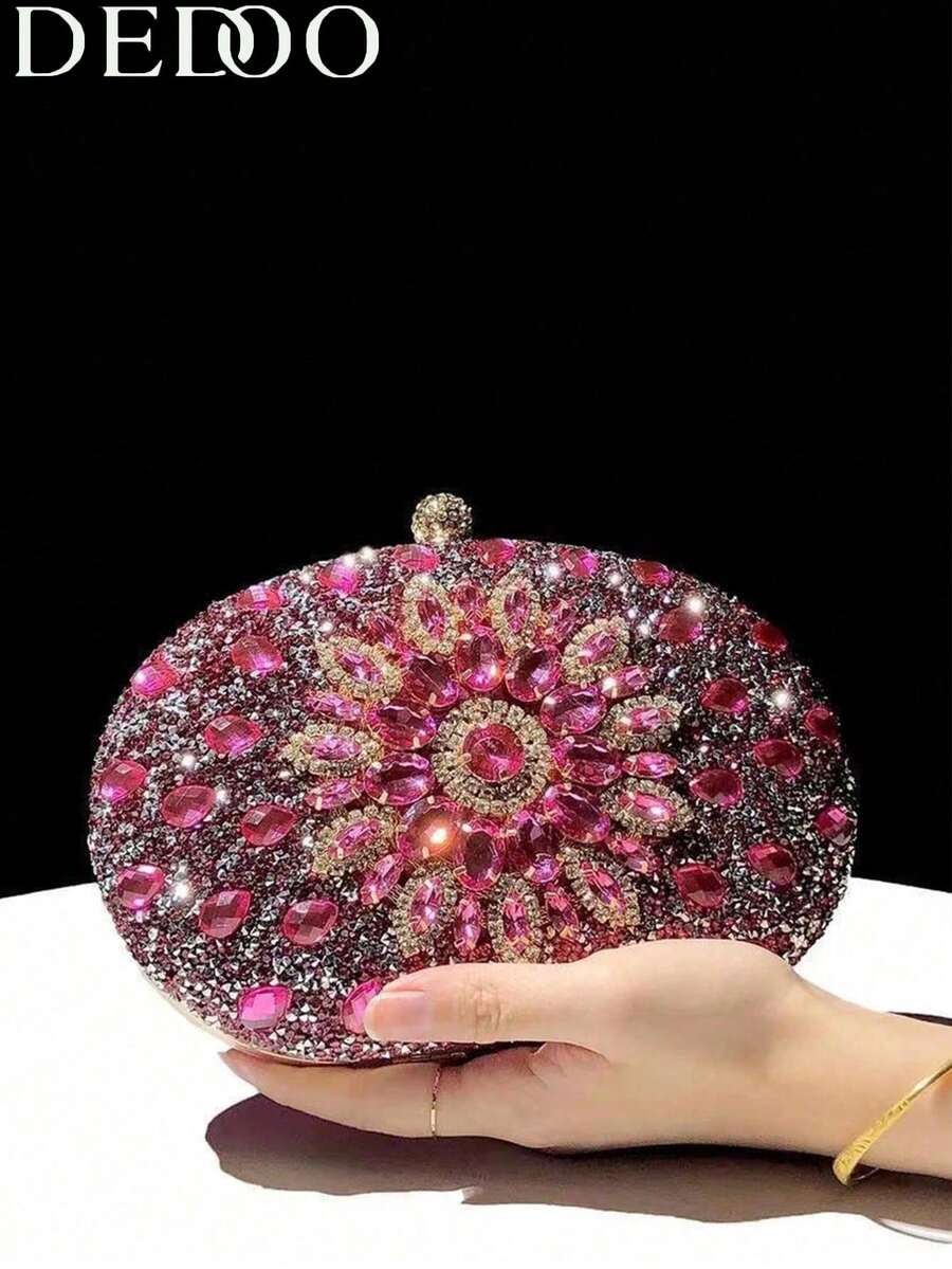 Dedoo – Sac de soirée ovale en strass avec chaîne dorée et design tournesol