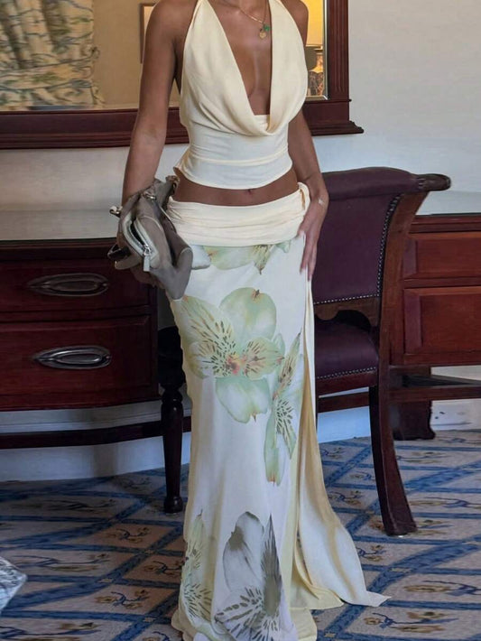 SHEIN MOD – Ensemble deux pièces avec top à lacets et jupe fendue imprimée