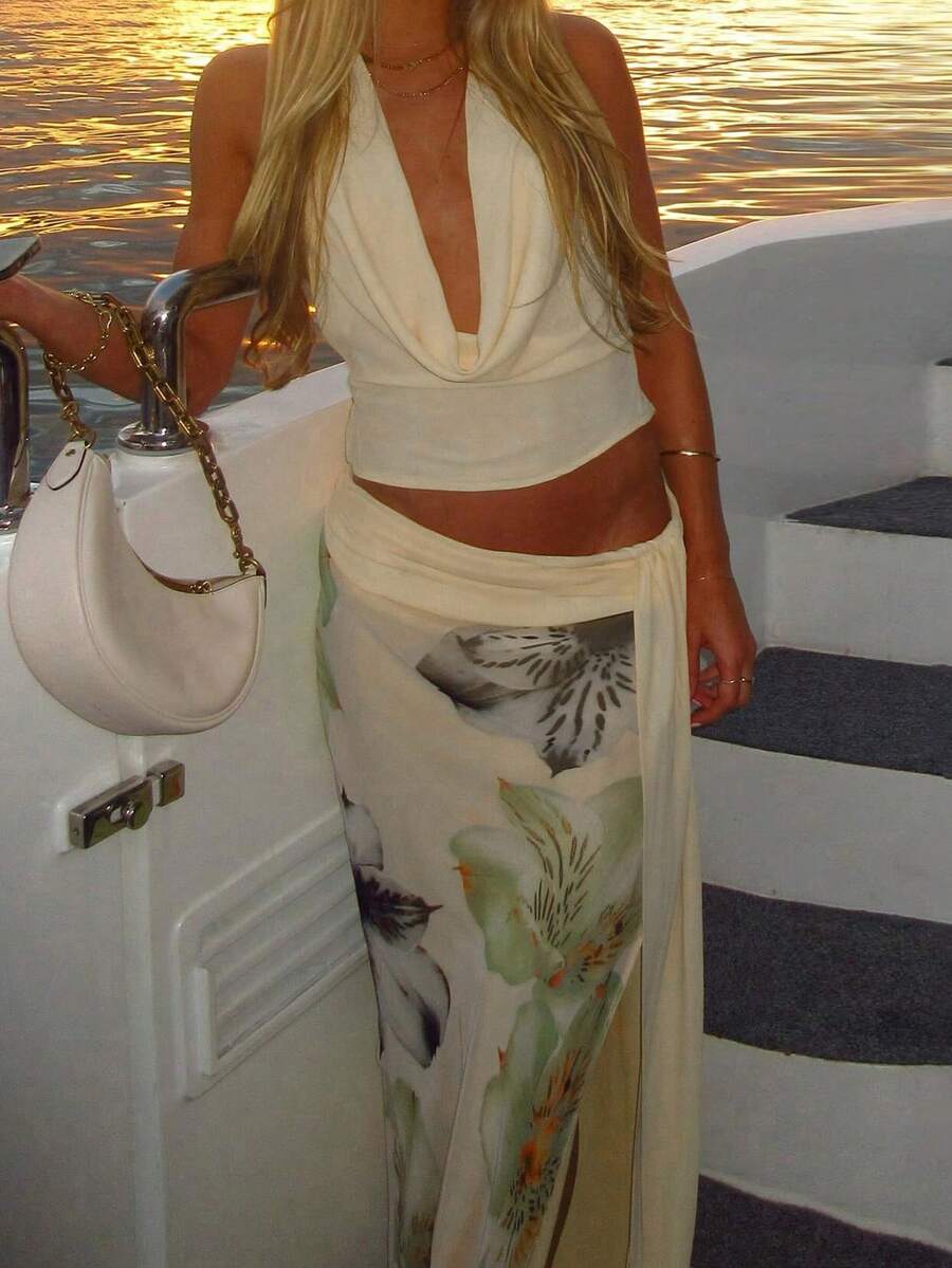 SHEIN MOD – Ensemble deux pièces avec top à lacets et jupe fendue imprimée