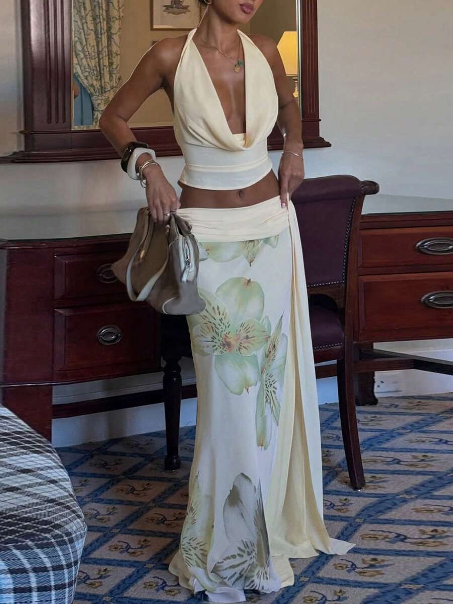 SHEIN MOD – Ensemble deux pièces avec top à lacets et jupe fendue imprimée