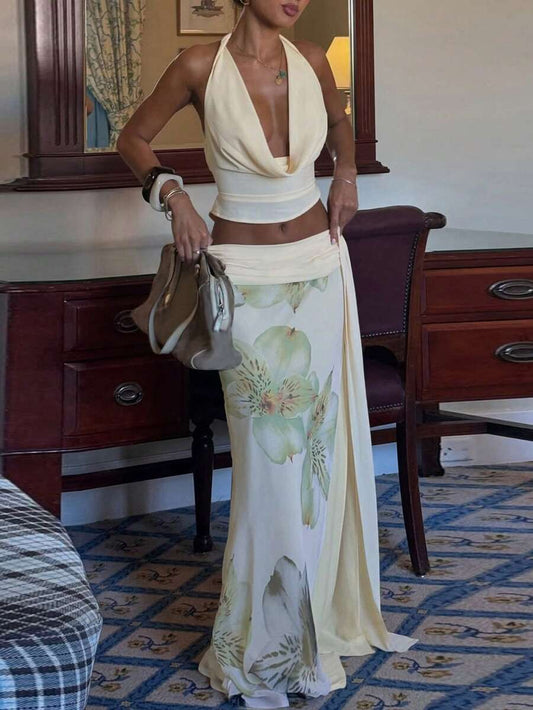 SHEIN MOD – Ensemble deux pièces avec top à lacets et jupe fendue imprimée