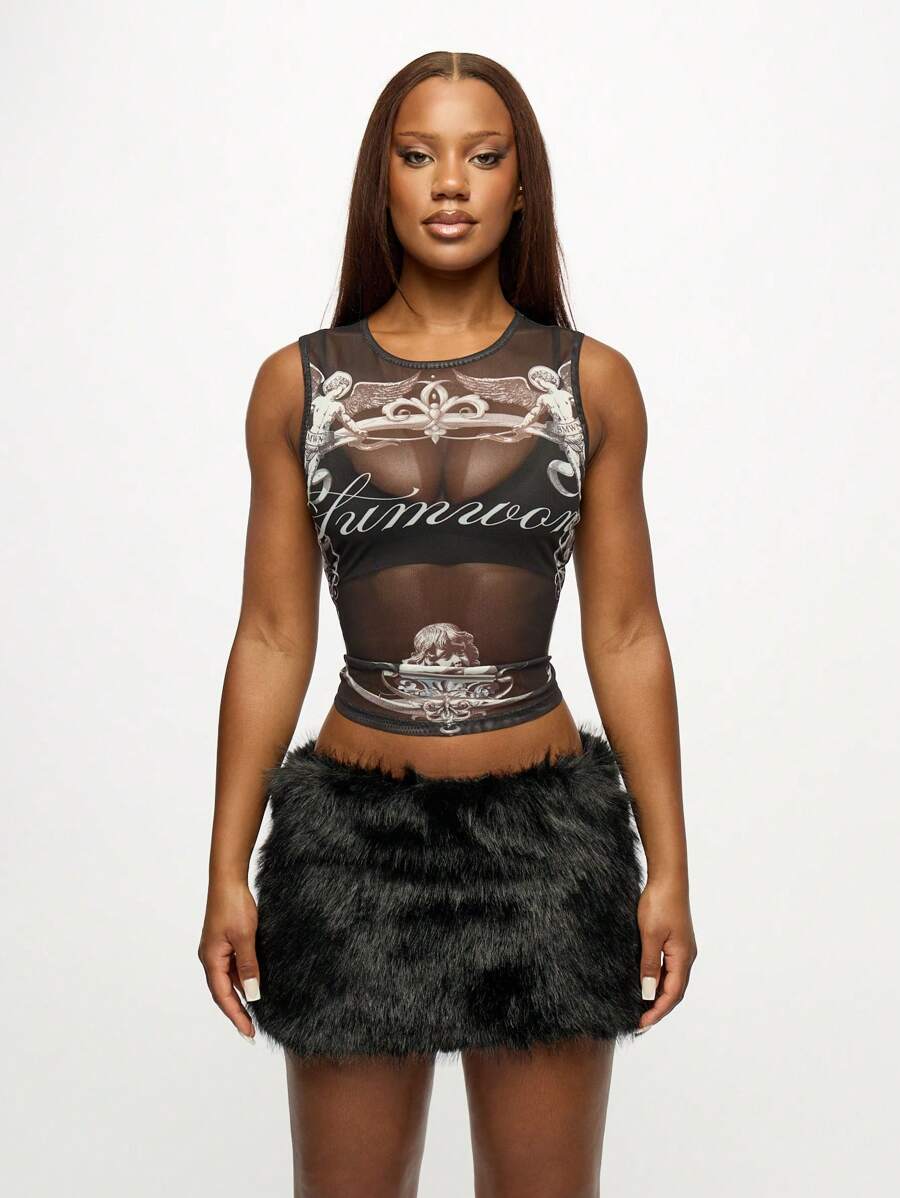 SUMWON WOMEN – Jupe mini en fausse fourrure avec design tendance pour soirées et festivals