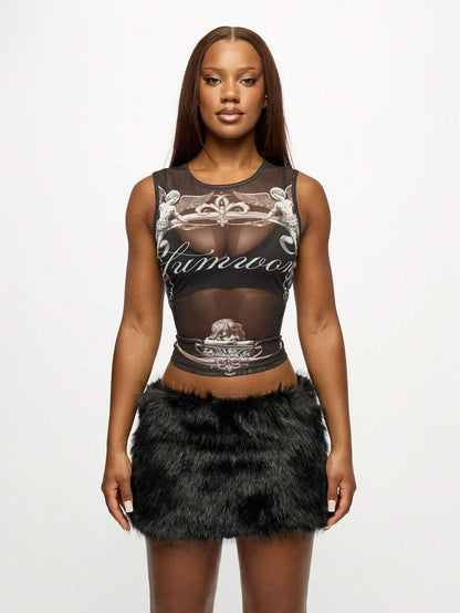 SUMWON WOMEN – Jupe mini en fausse fourrure avec design tendance pour soirées et festivals