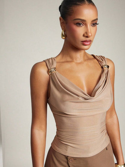 Hauture – Top décontracté avec épaules froncées et col bénitier doré