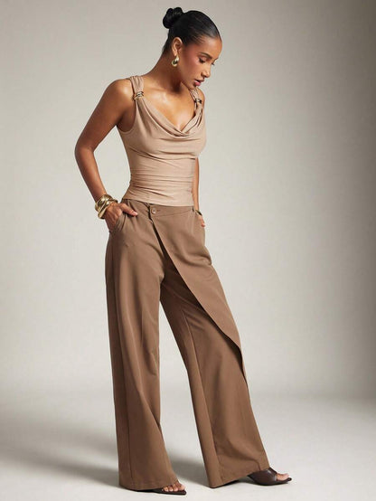 Hauture – Top décontracté avec épaules froncées et col bénitier doré