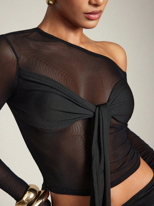Hauture Top – Haut à manches longues transparentes avec épaules obliques et design torsadé
