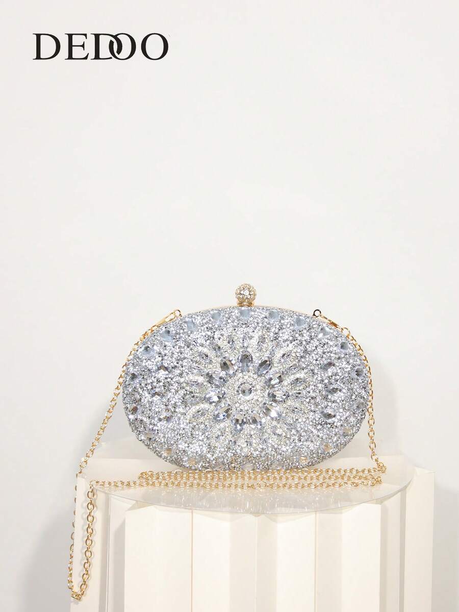 Dedoo – Sac de soirée ovale en strass avec chaîne dorée et design tournesol