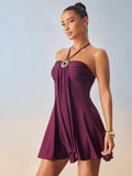 Hauture Robe mini femme avec décoration en métal et perle noire ronde – Design chic et détails raffinés