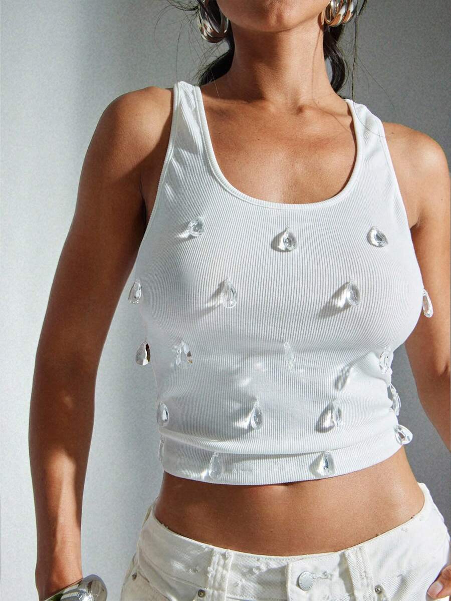Denimoi – Débardeur à encolure dégagée avec cristaux et sans manches