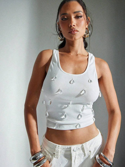 Denimoi – Débardeur à encolure dégagée avec cristaux et sans manches