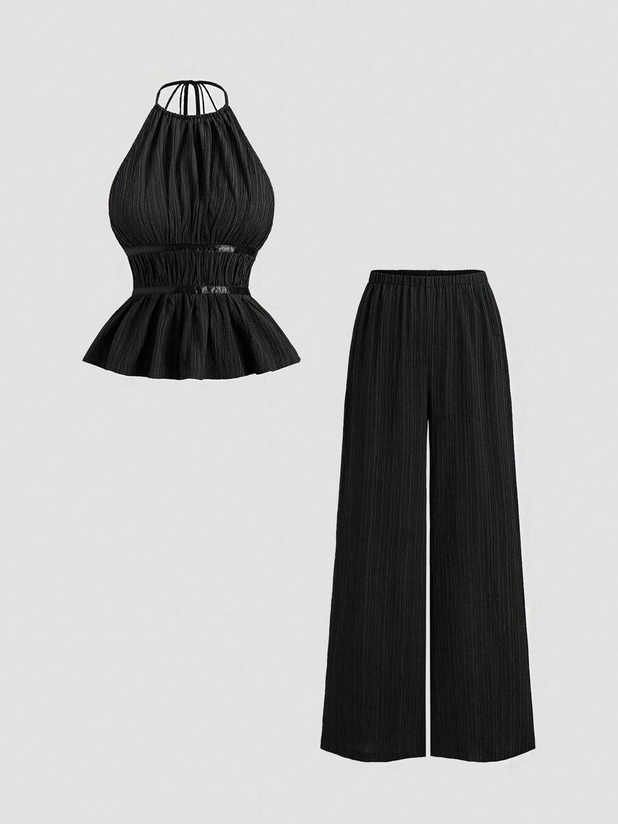 Sweetra – Ensemble 2 pièces avec top buste dégagé et pantalon ample à jambes larges