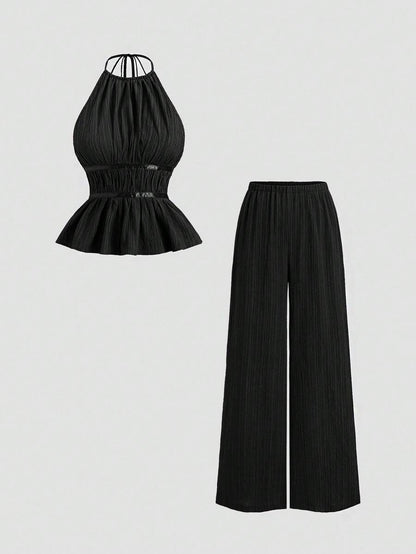 Sweetra – Ensemble 2 pièces avec top buste dégagé et pantalon ample à jambes larges