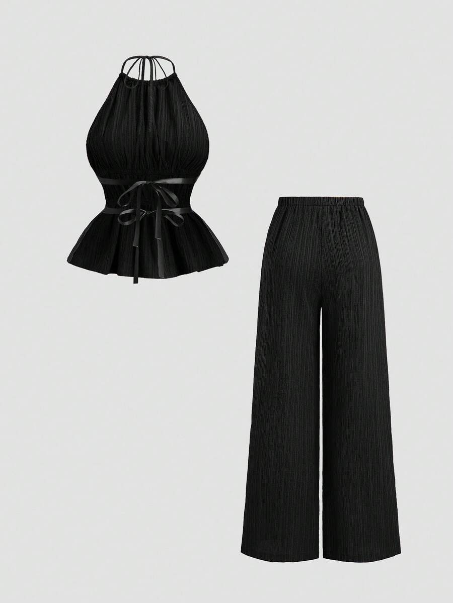 Sweetra – Ensemble 2 pièces avec top buste dégagé et pantalon ample à jambes larges