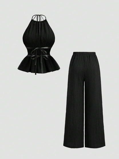 Sweetra – Ensemble 2 pièces avec top buste dégagé et pantalon ample à jambes larges