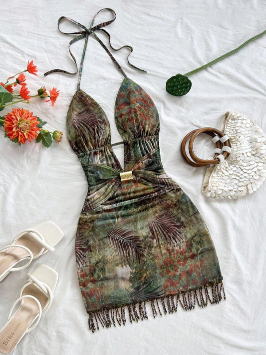 SHEIN WYWH – Robe décontractée dos nu avec perles et franges pour occasions estivales