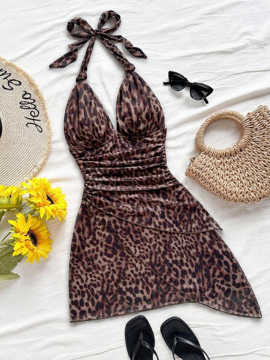 Soleia – Robe mini nouée devant en mesh froissé avec col en V