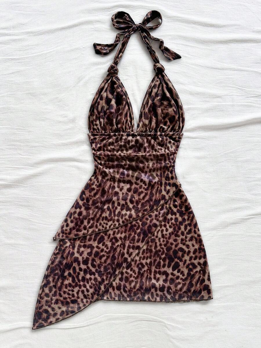 Soleia – Robe mini nouée devant en mesh froissé avec col en V